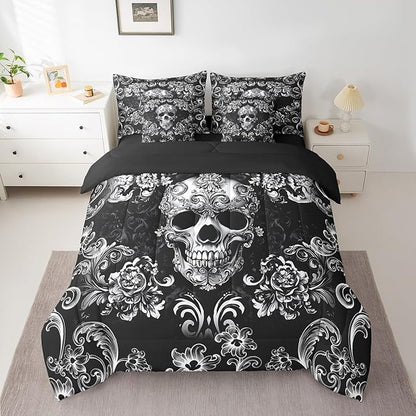 Castle Fairy Halloween Skeleton Comforter Set Full Size,Halloween Gothic Skull Bedding Set,White Lace Flowers Print Bed Set 7 Pieces(Comforter+Fitted+Flat Sheet+Pillowcase+Pillow Cover)