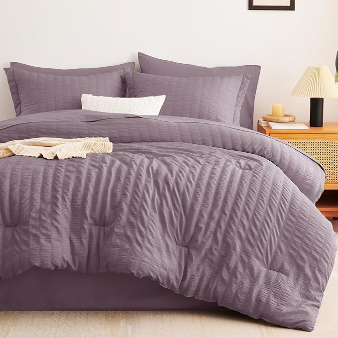 CozyLux Oversized King Comforter Set Dusty Purple Seersucker 7 Pieces 120x98 Bed in a Bag Comforter Set with Sheets, Luxury Bedding Sets with Down Alternative Comforter, Sheets, Pillowcases & Shams