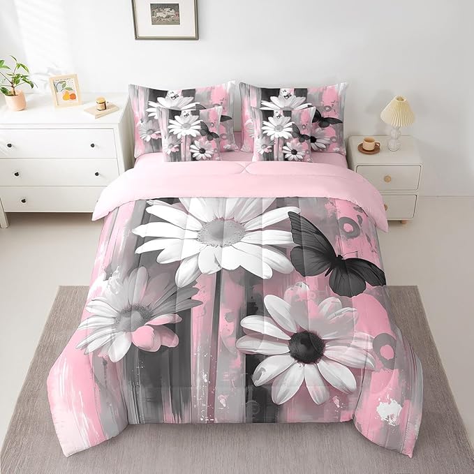 Feelyou Girls Daisy Flower Comforter Set with Sheets King Size 7 Pieces Kids Butterfly Floral Bedding Set for Boys Women Teens Pink Black Simple Modern Abstract Art Bed in a Bag Room Decor