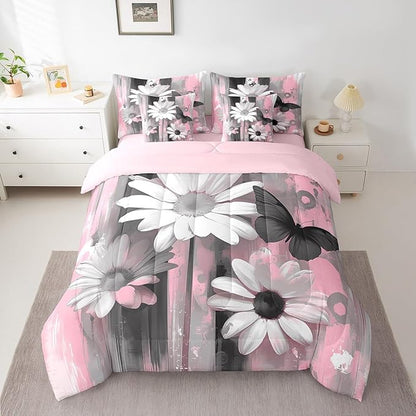 Feelyou Girls Daisy Flower Comforter Set with Sheets King Size 7 Pieces Kids Butterfly Floral Bedding Set for Boys Women Teens Pink Black Simple Modern Abstract Art Bed in a Bag Room Decor