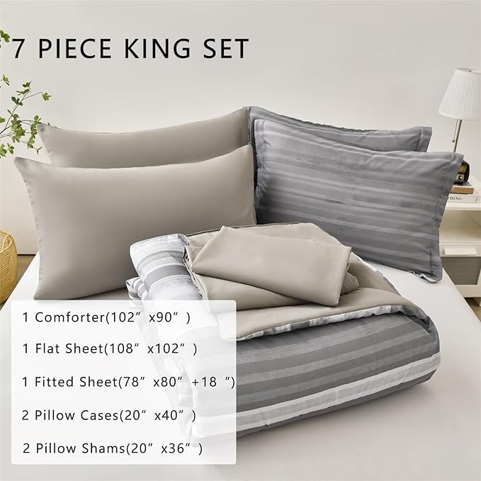 KAKIJUMN 7 Piece Bed in a Bag Stripe Comforter Set King Size, White Grey Patchwork Striped Comforter and Sheet Set, All Season Soft Microfiber Complete Bedding Set(Light Grey,King)