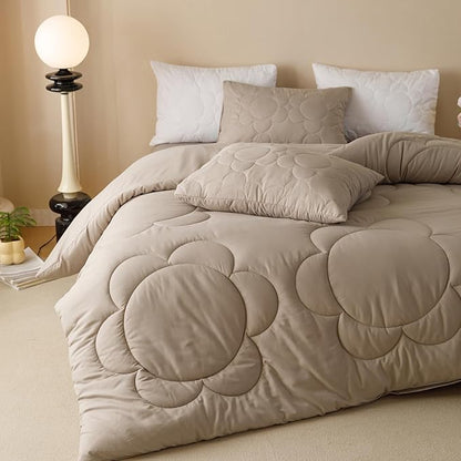 CLOTHKNOW Beige Coffee Daisy Puff Comforter Set California King 3Pcs Light Khaki Bedding Comforter Sets Floral Comforter Tan Bed Comforter Soft Oatmeal Comforter Cal King