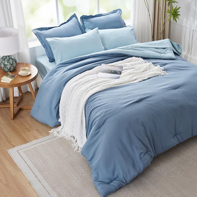 Navy Blue Comforter Reversible Bedding Set, 5-Piece Soft Bed-in-a-Bag With Comforter, Sheets, Pillowcase & Sham - Boho All Seasons Twin/Dbl XL