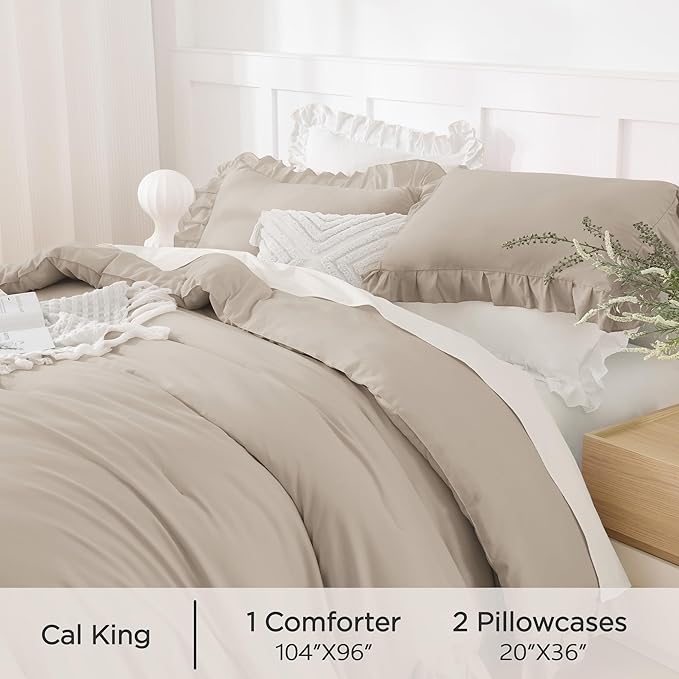 Andency California King Comforter Set Wheat (104x96Inch), 3 Pieces Cal King Ruffle Comforter, Oversized Farmhouse Shabby Chic Bed Comforter, Lighteweight and Soft Microfiber Bedding Set