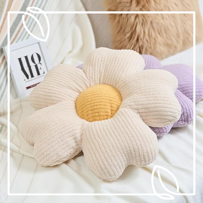 Sioloc Flower Shaped Throw Pillow, Fun Daisy Pillow, 15.7" White Cute Decorative Seat Cushion Aesthetic Flower Plush Pillows for Bed Floor Couch Chair