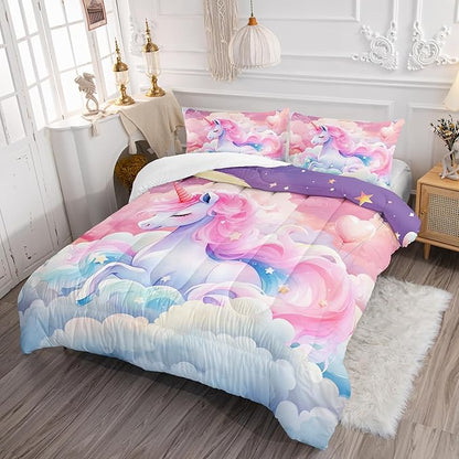 Kid Unicorn Comforter Set Queen Size 3Pcs Pink Galaxy Bedding Set Glitter Star Cloud Love Quilt Bed Set for Boys Girls with 1 Comforter and 2 Pillowcases