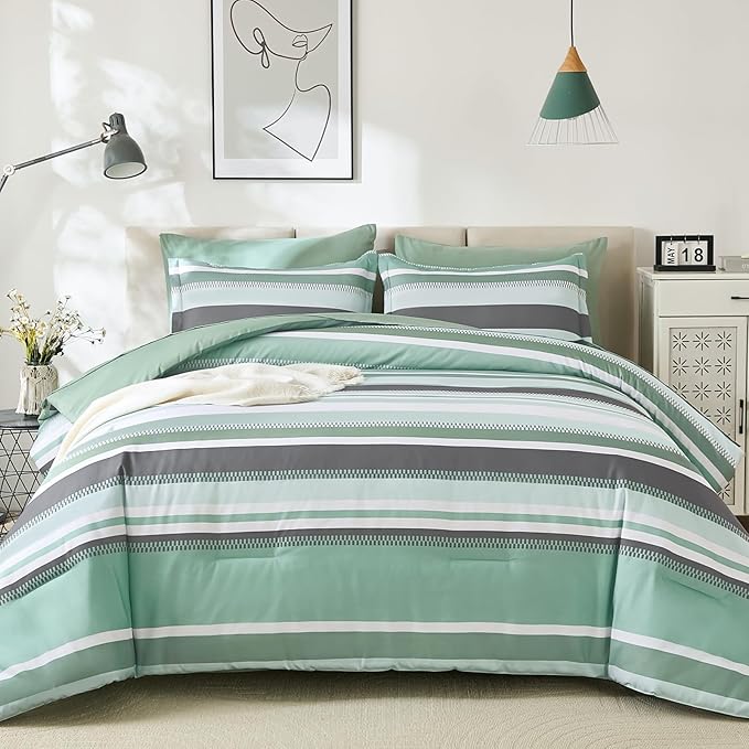 WONGS BEDDING Green Comforter King Size Set, 7 Pieces Bed in a Bag Green and Grey Comforter Set, Soft Boho Striped Bedding Sets with Sheets, Pillowcases & Shams