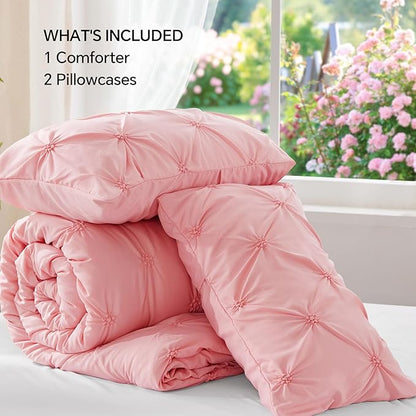 BEDELITE Pink Queen Comforter Set - 3 Pieces Boho Pintuck Bedding Comforter Sets, Lightweight Soft & Warm Bed Comforter with 2 Pillowcases for All Season,Valentines Day | Valentines Day, Multiple color, Modern Comforter, High Quality