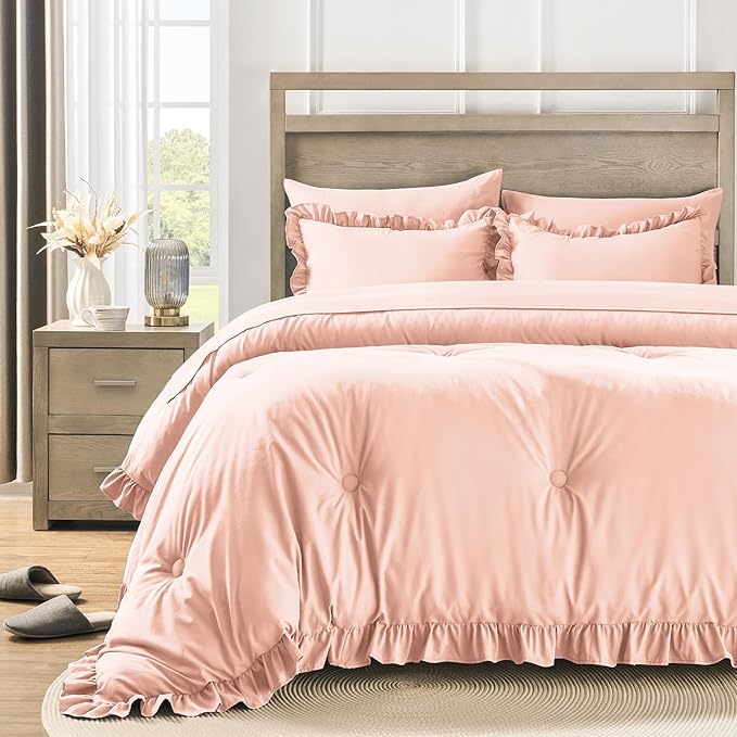 QUIETSEA King Size Bed in a Bag 7 Pieces King Size Comforter Set, Ruffle Shabby Chic Bedding Comforter Set Pink Bed Set with Comforter, Pillowcases, Flat Sheet, Fitted Sheet and Pillow Shams