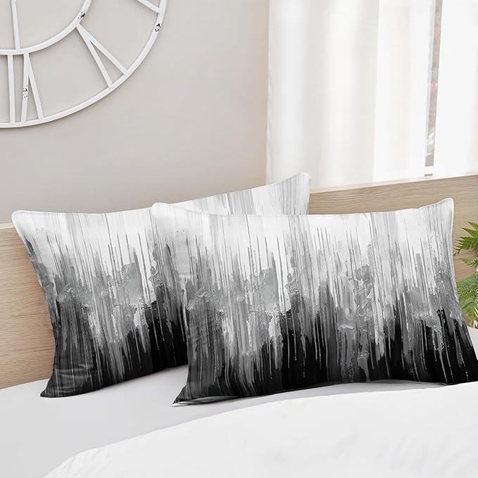 Grey Black White Gradient Print Comforter Set Queen Size,Abstract Art Bedding Set,Patchwork Printed Quilted Set for Teens Adult,with 1 Comforter and 2 Pillow Case
