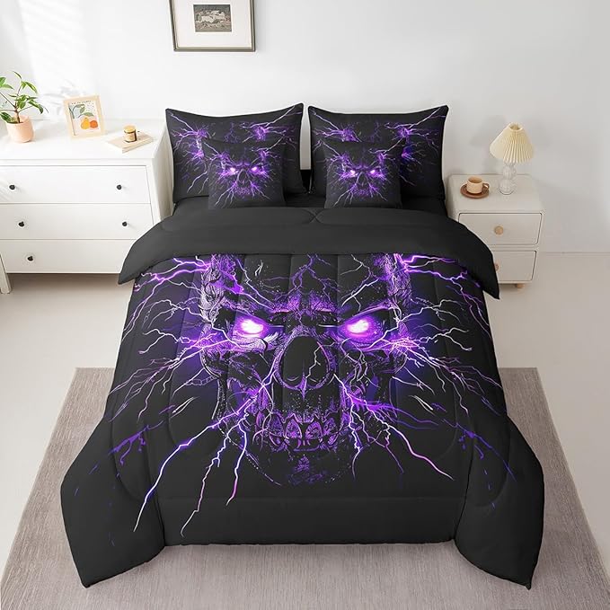 Erosebridal Gothic 7 Piece Comforter Set Full Bed in a Bag,Sugar Skull Spooky Bone Goth Bedding Set,Purple Lightning Comforter and Sheet Set,Exotic Halloween Skeleton Decorations