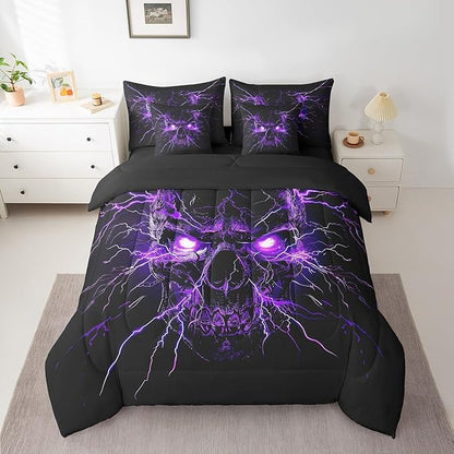 Erosebridal Gothic 7 Piece Comforter Set Full Bed in a Bag,Sugar Skull Spooky Bone Goth Bedding Set,Purple Lightning Comforter and Sheet Set,Exotic Halloween Skeleton Decorations