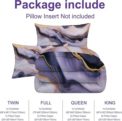 Marble Kids Comforter Sets Full Size Purple Gold Bedding Set Tie-Dye Purple Marbling Texture Bed Set for Bedroom Decor Soft Quilt Set with 1 Comforter + 2 Pillowcases