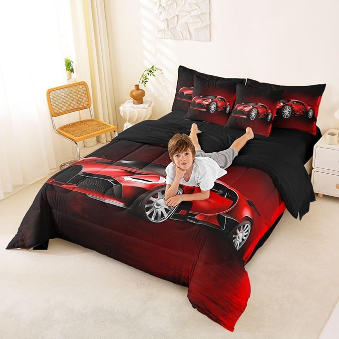 Feelyou Sports Car 7 Piece Bedding Set Red Race Car Comforter Set with Sheets for Kids Boys Girls Extreme Sports Theme Bed in a Bag Cool Speed Luxury Car Decor Bed Set with 1 Pillowcase Twin