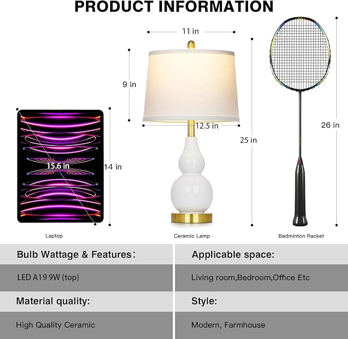 25" Ceramic Table Lamps Set of 2, Modern Double Gourd Ceramic Table Lamp for Living Room, White Rustic Farmhouse Bedside Nightstand Lamp with Fabric Shades for Bedroom Desk End Table Home Office Decor