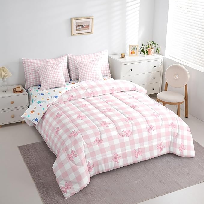 Feelyou Pink Bow Comforter Set with Sheets Twin Size Kids Bowknot Pliad 7 Pieces Bedding Set for Boys Girls Teens Gift for Girls Women Grid Bed in a Bag Breathable Princess Décor Bed Set