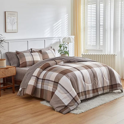 AIKASY Bed in a Bag 6 Piece Twin Size, Brown Plaid Design Soft Microfiber Reversible Bed Comforter Set for All Season(1 Comforter, 1 Flat Sheet, 1 Fitted Sheet, 2 Pillow Shams, 1 Pillowcase)