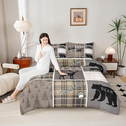 Hunting Bear Comforter Set For Boys, Rustic Cabin Lodge Bedding Full Size, Vintage Farmhouse Patchwork Duvet Insert Woodland Animal Adventure Camping Down Comforter 3Pcs With 2 Pillow Cases, Brown