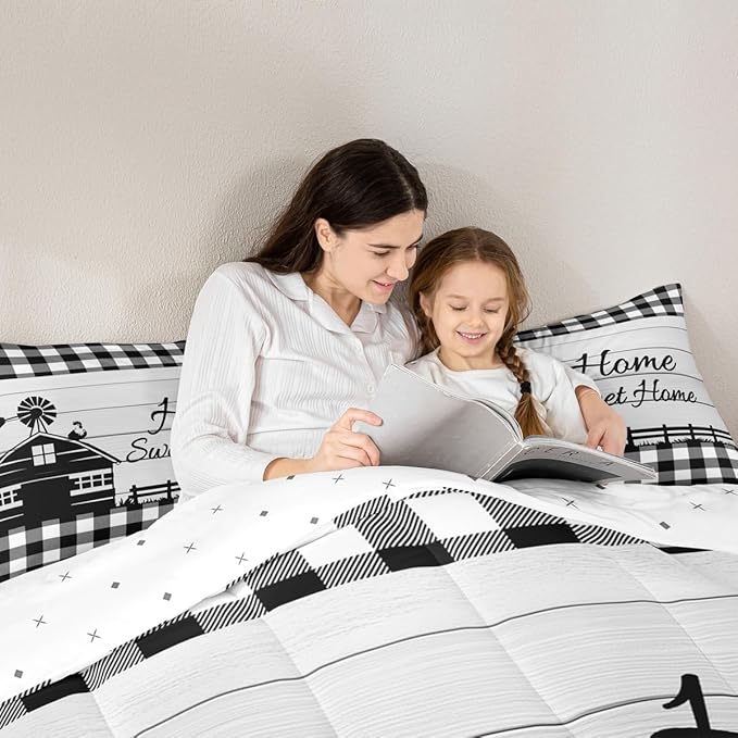 Rustic Cabin Comforter Set Queen Country Farmhouse Bedding Set Black White Buffalo Plaid Check Bedding Comforter Sets For Kids Boys Girls Farm Animal Windmill Quilt Set Western Decor 2 Pillow Cases