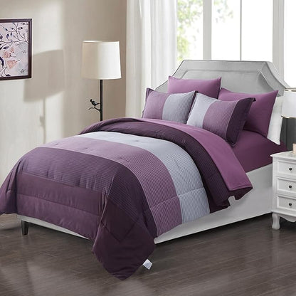 Anibedding Purple King Size Comforter Set 7 Pieces Purple Striped Bed in a Bag, Boho Patchwork All Season Comforter with Sheets, Soft Microfiber Reversible Bedding Set (103"x90")