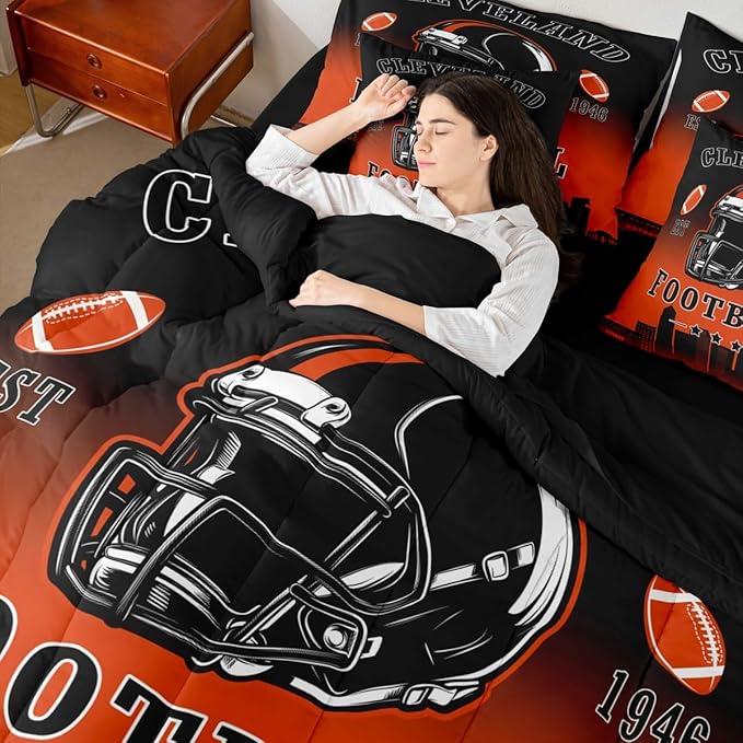 Erosebridal Football City Bed in A Bag Sports Rugby 7 Piece Bedding Set Black Orange Ombre Football Comforter Set with Sheets Queen Size for Kids Boys Teen Adults,Ball Sports Games Bed Set