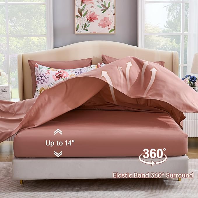 Luxudecor Floral Comforter Set King Size 7 Pieces Bed in a Bag, Dusty Rose Pink Flower Watercolor Bed Set, Soft Comforter with Sheet Set 104"x90"