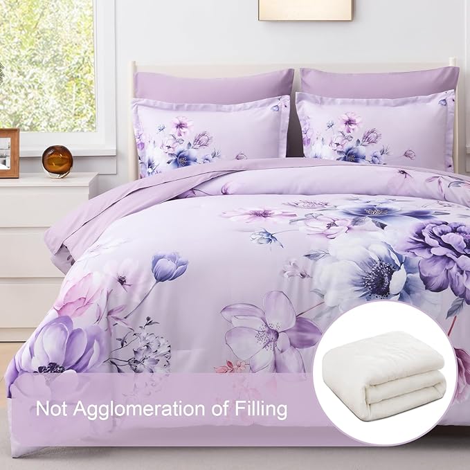 Floral King Size Comforter Set - 7 Piece Botanical Purple Flower Bed in a Bag Ulter Soft Microfiber Bedding Set, Lightweight Bed Comforter Set with Sheets for All Season (Purple, King)