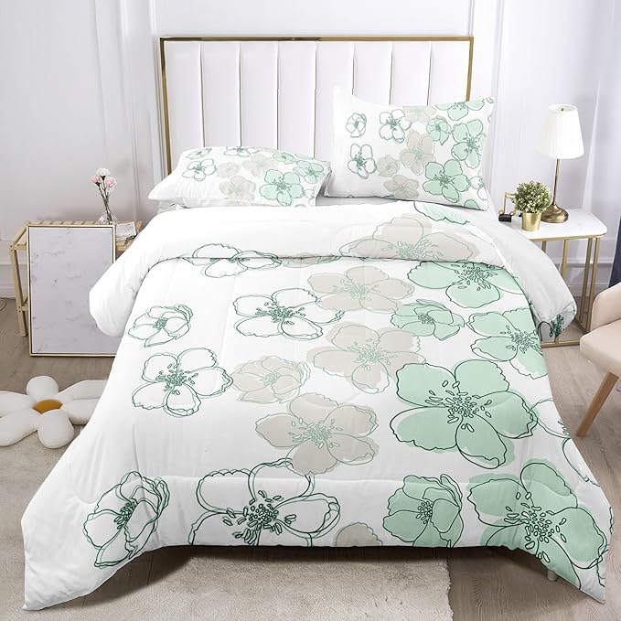 Raphus cucullatus Floral Comforter Set King Size,Green Flower Bedding Set,Botanical Bedding Pretty Floral Comforter Set,Flower Quilt King Size