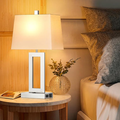 Table Lamp Set of 2 with USB C+A Ports & AC Outlet, Bedside Lamps, Modern Bedroom Lamps, Silver Lamps for Night Stands Bedroom Living Room,Nightstand Lamp（Push Button Swich