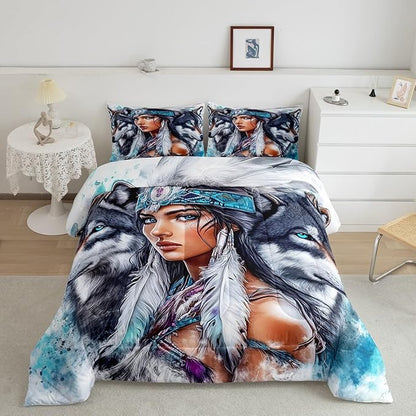 Erosebridal Indian Woman and Wolf Full Comforter Set,Hunting Wolf Bedding Set for Kids Adults Room Decor,Ethnic Tribal Boho Quilt Set Wild Animal Bedding Comforter Sets,2 Pillowcases