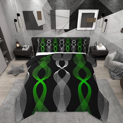 Erosebridal Green and Black Abstract Comforter Set King, Green Striped Bedding Set, Contemporary Boho Modern Art Comforter, Gradient Geometric Stripes Aesthetic Line Quilt for Men Adults Bedroom