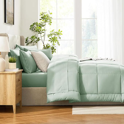 CozyLux Queen Comforter Set Sage Green, 7 Pieces Bed in a Bag, Green Comforter Queen Size, All Season Bedding Sets with Stitch Quilted Comforter, Flat Sheet, Fitted Sheet, Pillowcases