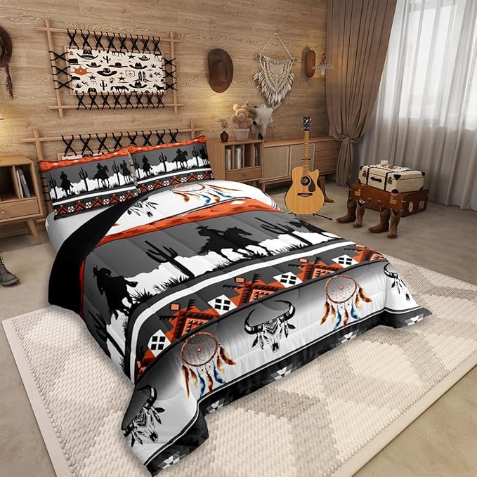 Erosebridal Twin Size Western Horse Comforter Set Longhorn Skull Dream Catcher Boho Bedding Set for Kids Boys Teens Adult Bedroom, Cowboy Aztec Quilt Southwestern Geometric Duvet Insert, Grey