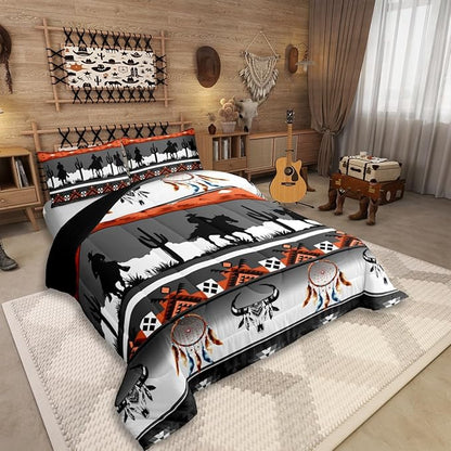 Erosebridal Twin Size Western Horse Comforter Set Longhorn Skull Dream Catcher Boho Bedding Set for Kids Boys Teens Adult Bedroom, Cowboy Aztec Quilt Southwestern Geometric Duvet Insert, Grey
