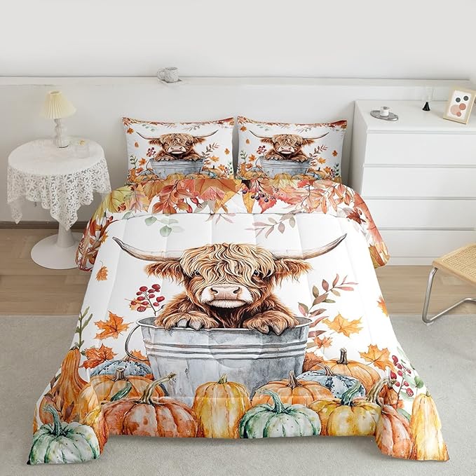 Highland Cow Bedding Set Toddler Size Cute Farm Animals Rustic Comforter Set for Kids Teens Bedroom Decor Fall Maple Leaf Pumpkin Soft Polyester Quilt Duvet Orange Duvet Insert,1 Pillowcase