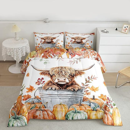 Highland Cow Bedding Set Toddler Size Cute Farm Animals Rustic Comforter Set for Kids Teens Bedroom Decor Fall Maple Leaf Pumpkin Soft Polyester Quilt Duvet Orange Duvet Insert,1 Pillowcase