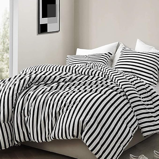 CLOTHKNOW Striped Twin/Twin XL Comforter Set Black and White Bedding Comforter Sets Farmhouse Comforter Soft Ticking Bedding
