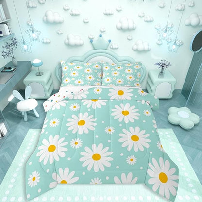 Erosebridal Teal Floral Comforter Set Cute Daisy Girly Bedding Set Garden Plants Cartoon Flowers Comforter Full Size for Kids Teen Adults,Modern Aesthetic Decor Bed Set 2 Pillow Cases