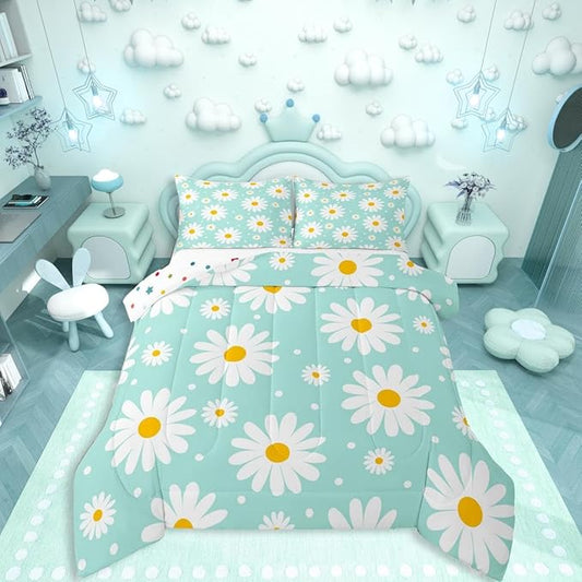 Erosebridal Teal Floral Comforter Set Cute Daisy Girly Bedding Set Garden Plants Cartoon Flowers Comforter Twin Size for Kids Teen Adults,Modern Aesthetic Decor Bed Set 1 Pillow Case
