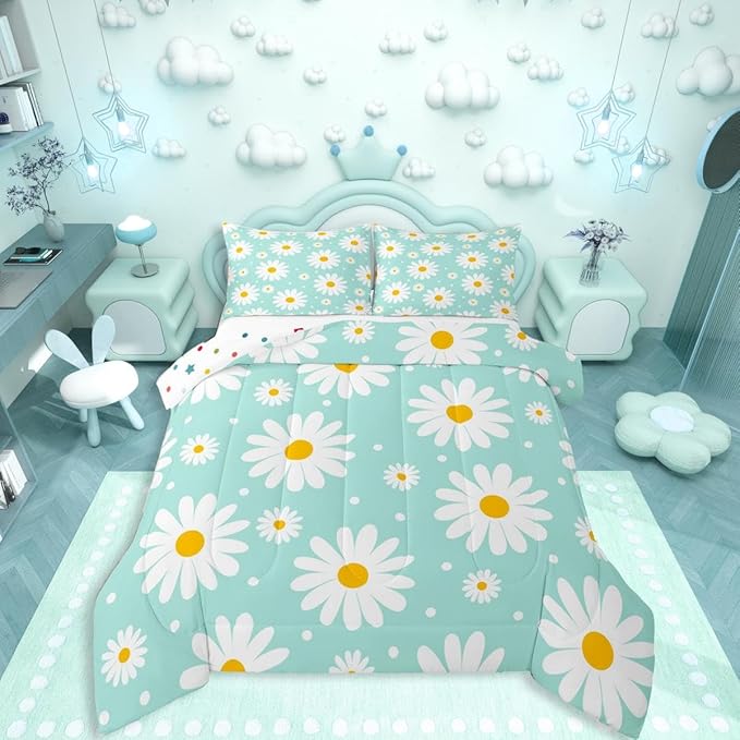 Erosebridal Teal Floral Queen Comforter Set Cute Daisy Girly Bedding Set Garden Plants Cartoon Flowers Comforter for Kids Teen Adults,Modern Aesthetic Decor Bed Set 2 Pillow Cases