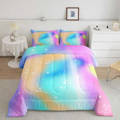 Feelyou Glitter Galaxy Bedding Set Soft for Boys Girls, Cute Rainbow Comforter Set Queen Size Tie Dye Ombre Duvet Quilt Microfiber Lovely Kids Rainbows Bedroom Decor 3 Pcs with 2 Pillow Cases