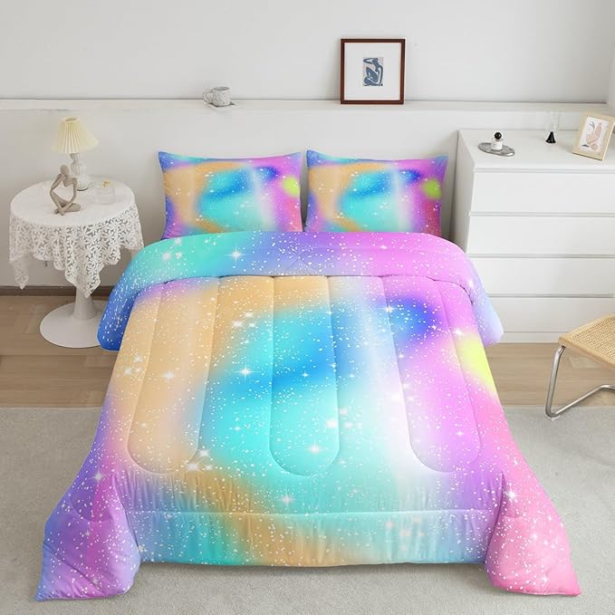 Feelyou Glitter Galaxy Bedding Set Soft for Boys Girls, Cute Rainbow Comforter Set Toddler Size Tie Dye Ombre Duvet Quilt Microfiber Lovely Kids Rainbows Bedroom Decor 2 Pcs with 1 Pillow Cases