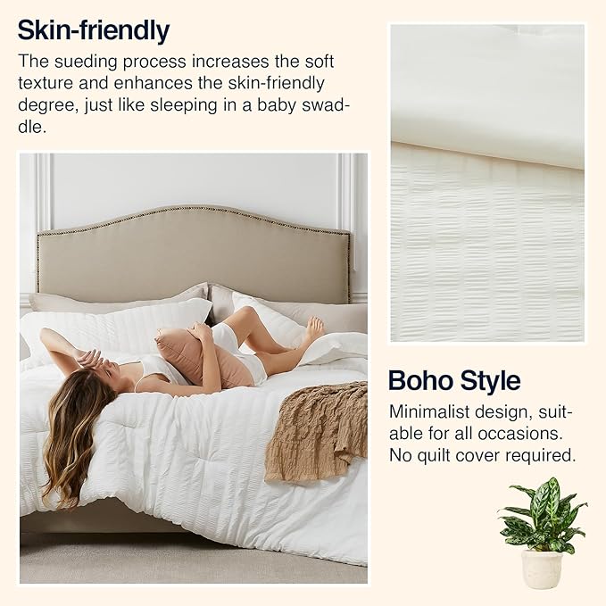 Beige California King Comforter Set - 3 Pieces Seersucker Lightweight Bedding Comforter Sets (1 Soft Fluffy Comforter & 2 Pillowcases) - All Seasons Cozy Farmhouse Bed Sets for Women Men