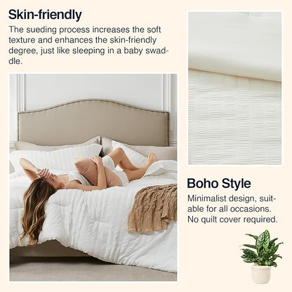 Beige Oversized Queen Comforter Set - 3 Pieces Seersucker Lightweight Bedding Comforter Sets (1 Soft Fluffy Comforter & 2 Pillowcases) - All Seasons Cozy Farmhouse Bed Sets for Women Men