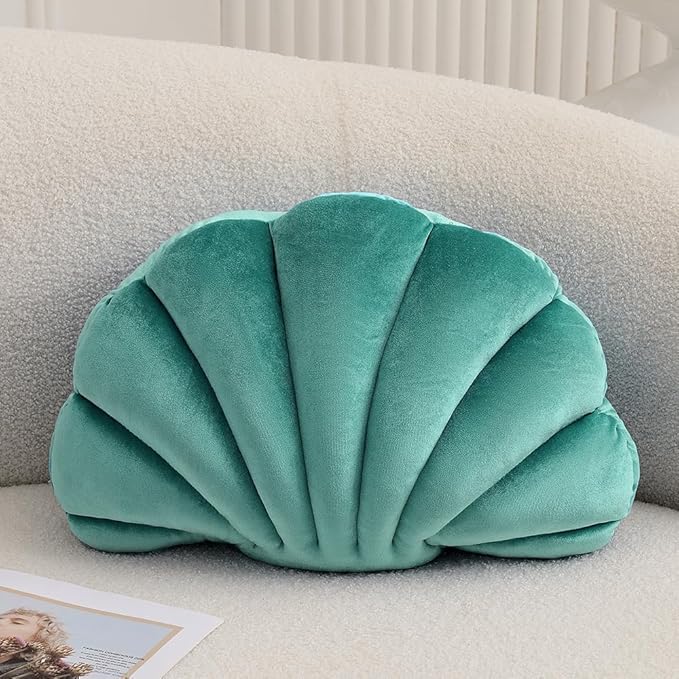 Seashell Decorative Pillow Shell Shaped Throw Pillow 3D Insert Beach Pillow Soft Velvet Pillow Sea Ocean Decoration Couch Bed Pillow Cushions(Teal,18 X 13 inch)