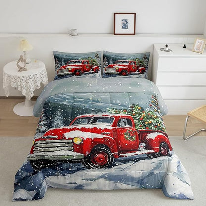 Red Christmas Truck Comforter Set Twin Size,Winter Snow View Bedding Set 2pcs for Kids Boys Girls Adults Room Decor,Happy New Year Themed Quilt Set Xmas Pine Duvet Insert,1 Pillowcase
