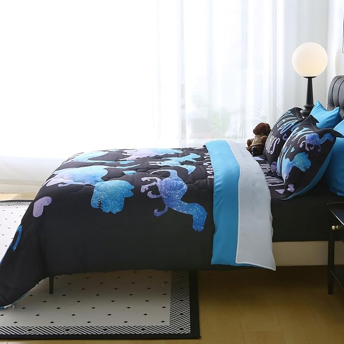 7 Piece Boys Dinosaur Comforter Set Queen Size Blue Dinonsaur Soft Microfiber Bed in A Bag with Comforter,Sheet Set,Pillowcase and Sham for Child Teens All Season