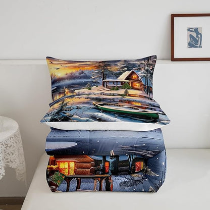 Winter Wood Cabin Comforter Set Full Size,Lake Boat and Mountain Scenery Bedding Set for Kids Teens Adult Room Decor,Snowflake Pine Tree Quilt Set Happy New Year Duvet Insert,2 Pillowcases