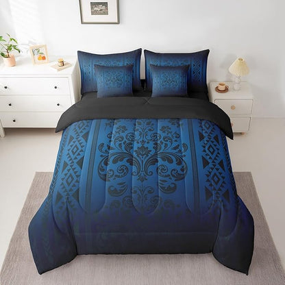 Comforter Set Queen Size, Black and Blue Aztec Damask 7 Pcs Bedding for Kids Adults, Victorian Decor Western Baroque Goth Bed Sheet Sets with Fitted Sheet 2 Pillowcases & 2 Shams for Bedroom Bed Decor