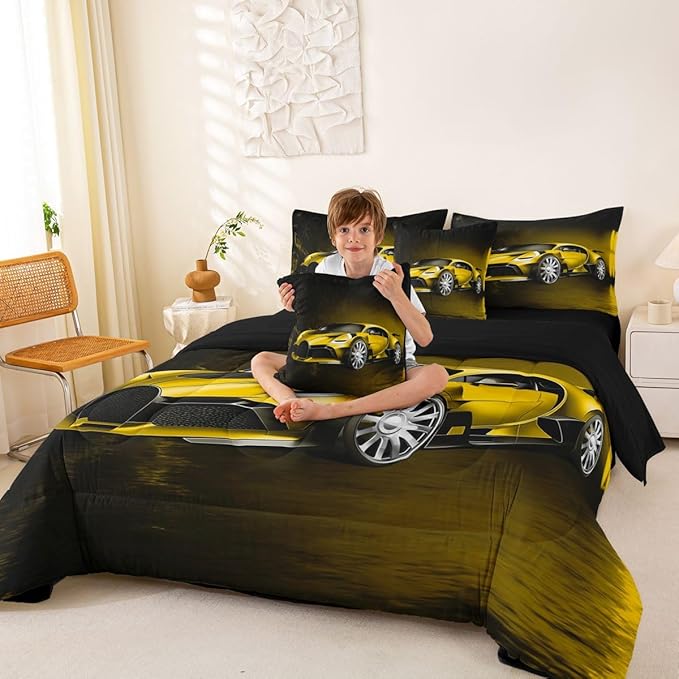 Feelyou Sports Car 7 Piece Bedding Set Yellow Race Car Comforter Set with Sheets for Kids Boys Girls Extreme Sports Bed in a Bag Cool Speed Luxury Car Decor Quilt with 1 Pillowcase Twin